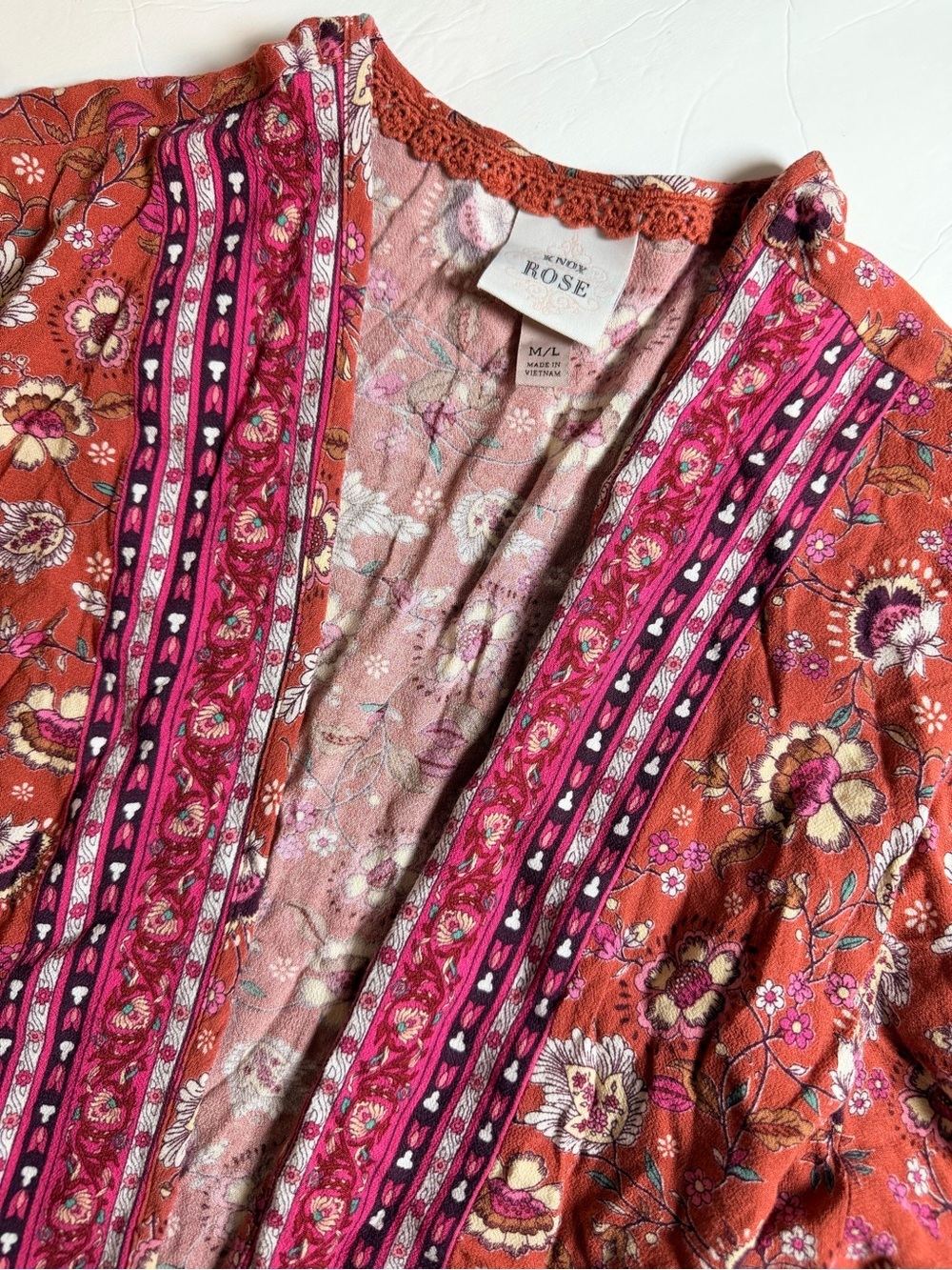 Knox Rose Boho Kimono Cardigan Size Medium Large Orange Pink Open Front Festival